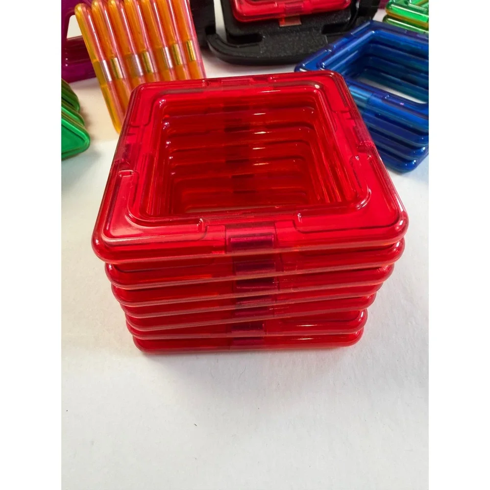 Lot of Magnetic Building Tiles Multicolor 74 Pieces Plus Wheels Square Triangles
